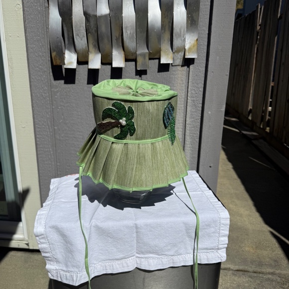 Pastel green custom made bucket hat with beaded patches. main image 6